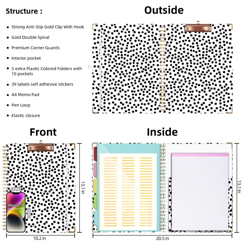 Ospelelf Clipboard with Storage 8.5 X 11 Padfolio Organizer  Spiral Portfolio Letter Size with Notepad  Pen Holder  5 Extra Folder Divider Pages  Elastic Closure Nurse Office Essentials (Polka Dots) - Image 2